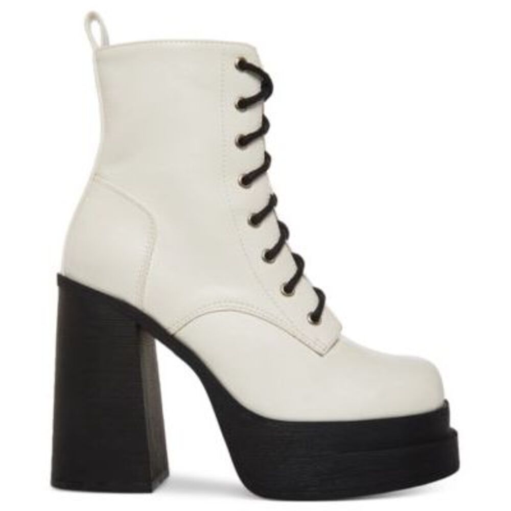 MADDEN GIRL Womens White 1-1/2" Platform Driven Toe Block Heel Combat Boots 9 M